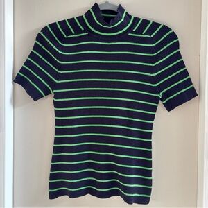 Free Assembly Navy & Green Striped Ribbed Short Sleeve Mock Neck Top Size Medium